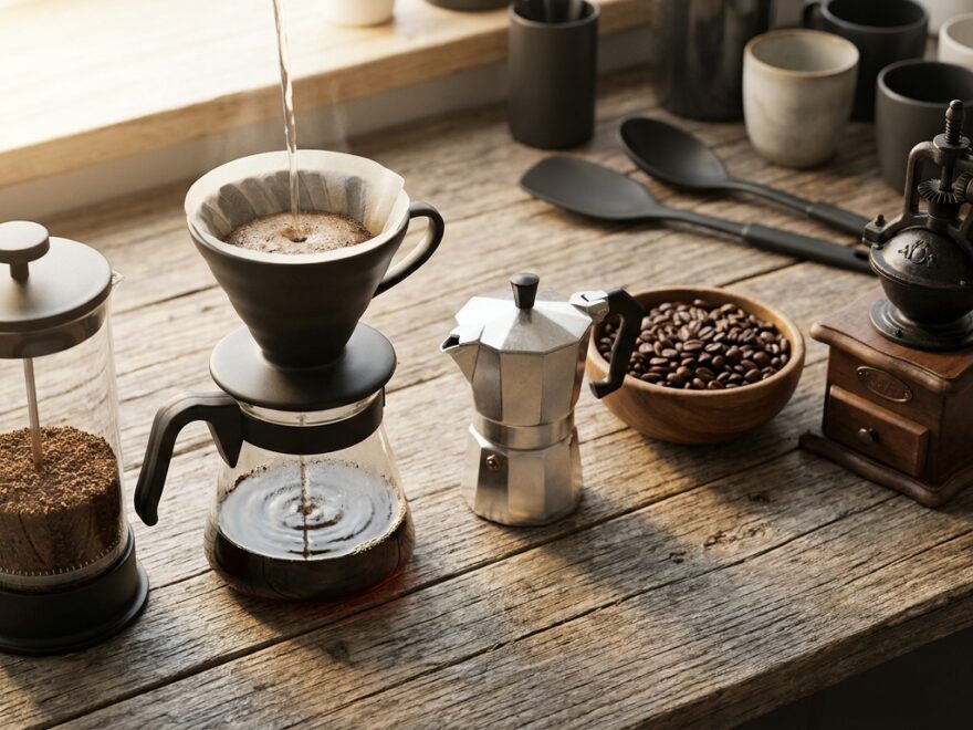 Verschiedene Kaffeezubereiter mit French Press und Handfilter auf einer Küchenarbeitsplatte