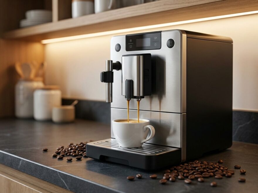 Kaffeevollautomat brüht einen Espresso in eine Tasse